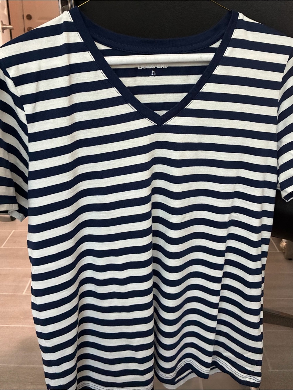 LANDS END Striped V-Neck Short Sleeve Top - Navy & White